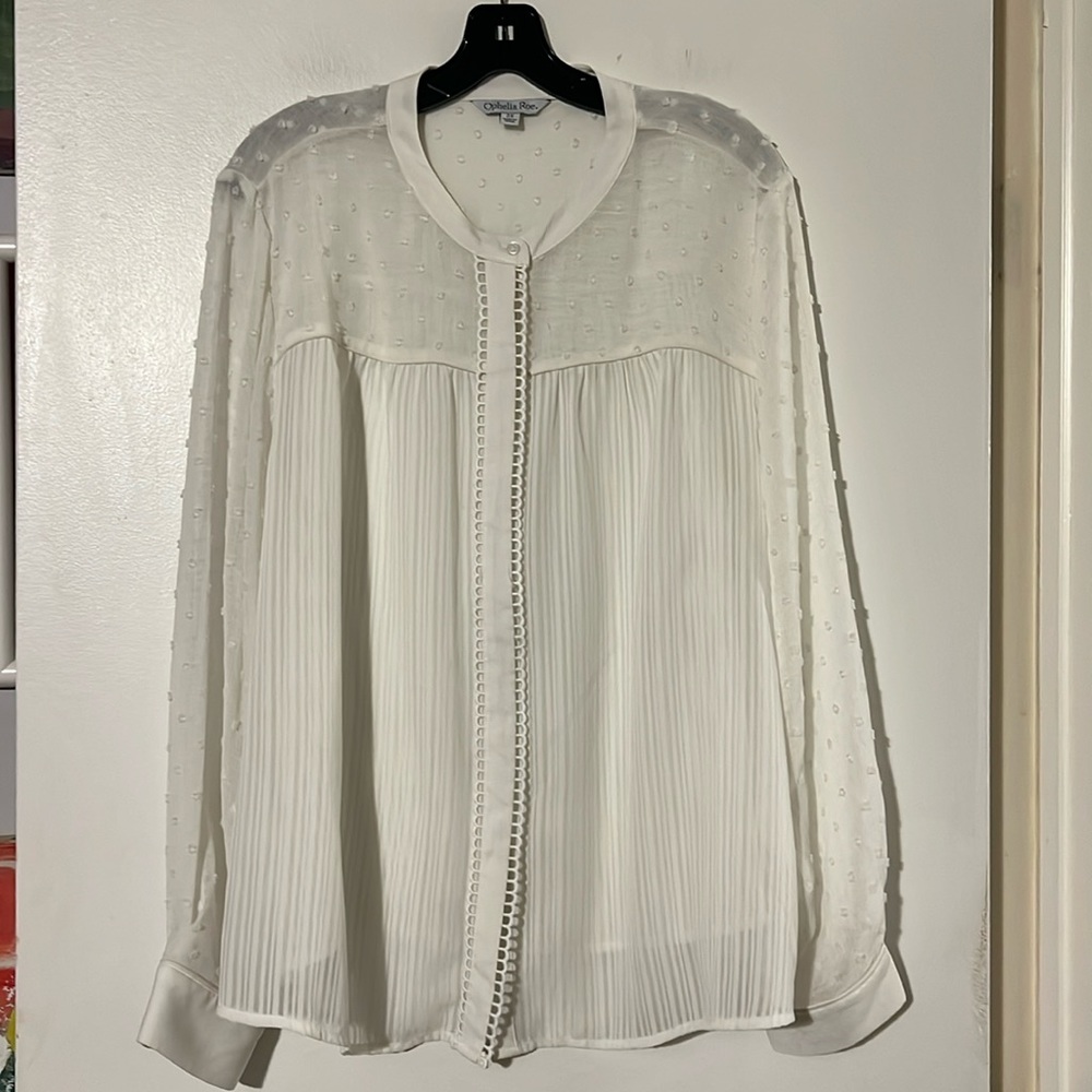 Ophelia Roe cream lovely collarless blouse hidden front button closure.